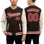 Custom Brown Red-Cream Bomber Full-Snap Varsity Letterman Two Tone Jacket worn front and back