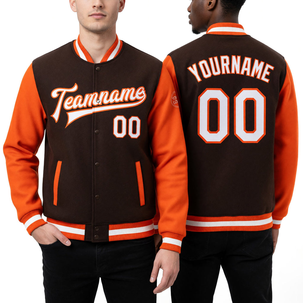 Custom Brown White-Orange Bomber Full-Snap Varsity Letterman Two Tone Jacket worn front and back