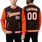 Custom Brown White-Orange Bomber Full-Snap Varsity Letterman Two Tone Jacket worn front and back