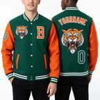 Custom Kelly Green Orange-White 3D Pattern Design Bomber Full-Snap Varsity Letterman Jacket worn front and back