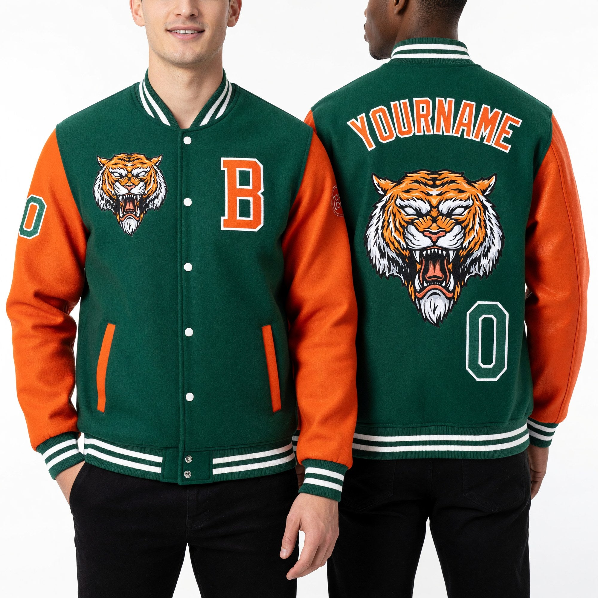 Custom Kelly Green Orange-White 3D Pattern Design Bomber Full-Snap Varsity Letterman Jacket worn front and back
