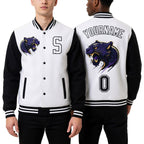 Custom White Black 3D Pattern Design Bomber Full-Snap Varsity Letterman Jacket worn front and back