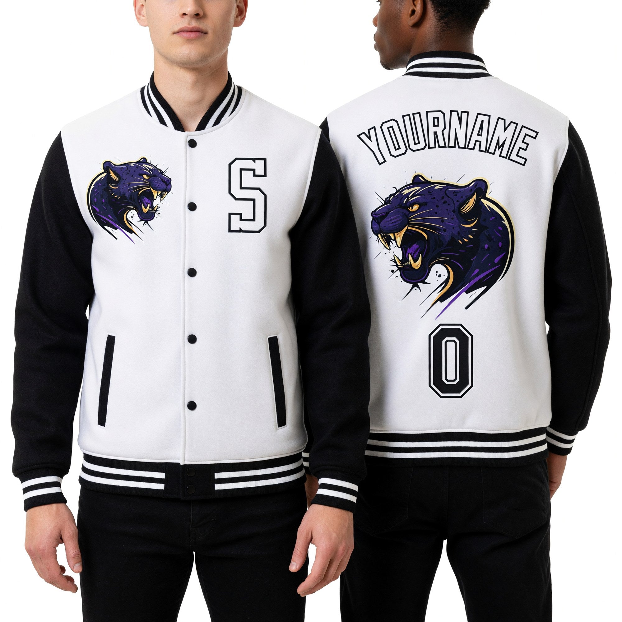 Custom White Black 3D Pattern Design Bomber Full-Snap Varsity Letterman Jacket worn front and back