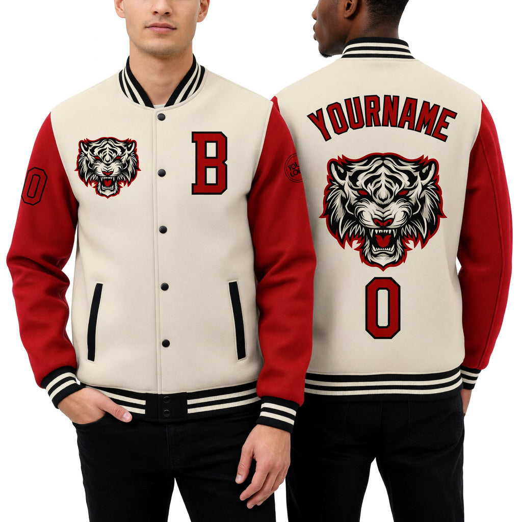 Custom Cream Red-Black 3D Pattern Design Bomber Full-Snap Varsity Letterman Jacket worn front and back