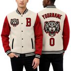 Custom Cream Red-Black 3D Pattern Design Bomber Full-Snap Varsity Letterman Jacket worn front and back