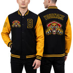 Custom Black Gold 3D Pattern Design Bomber Full-Snap Varsity Letterman Jacket worn front and back