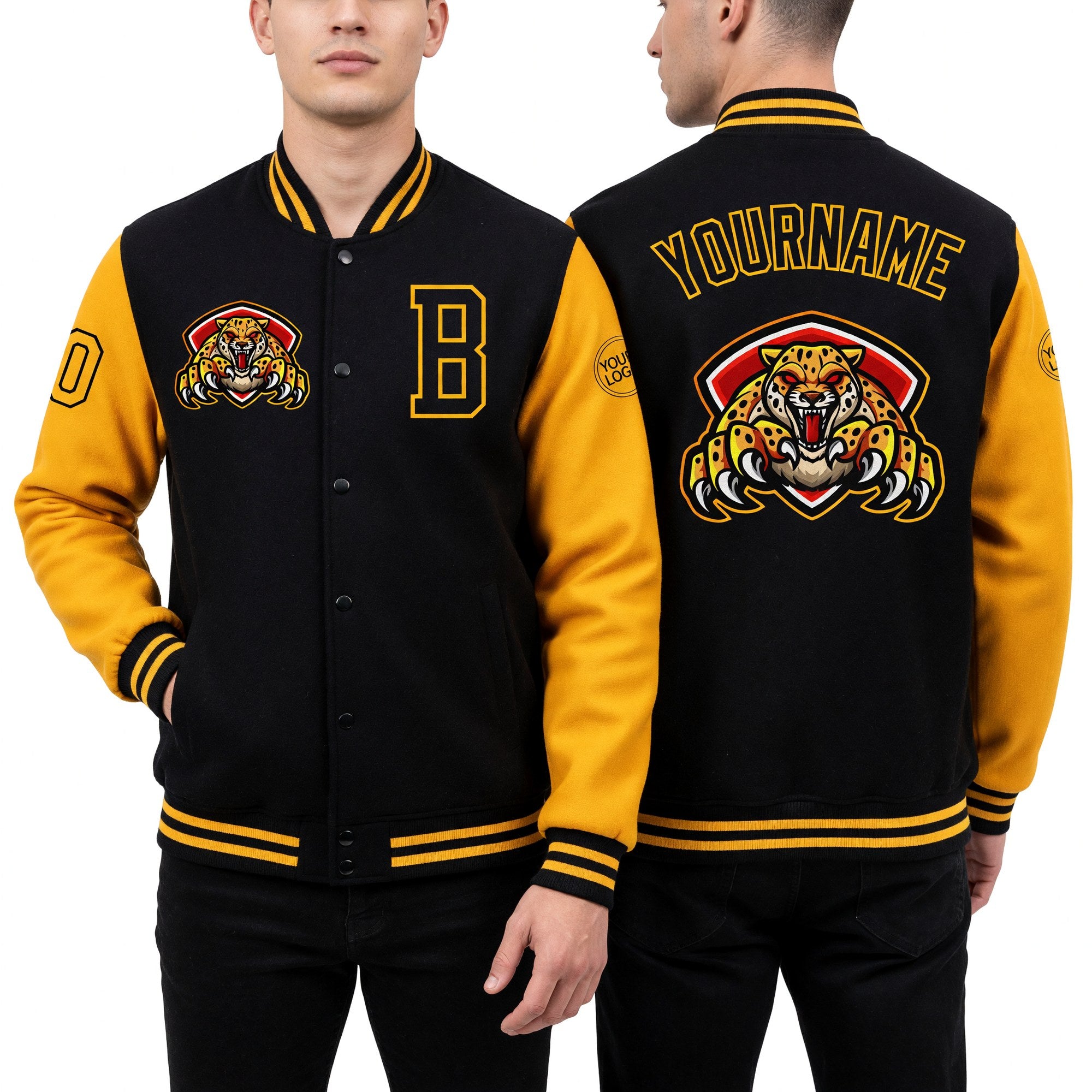 Custom Black Gold 3D Pattern Design Bomber Full-Snap Varsity Letterman Jacket worn front and back