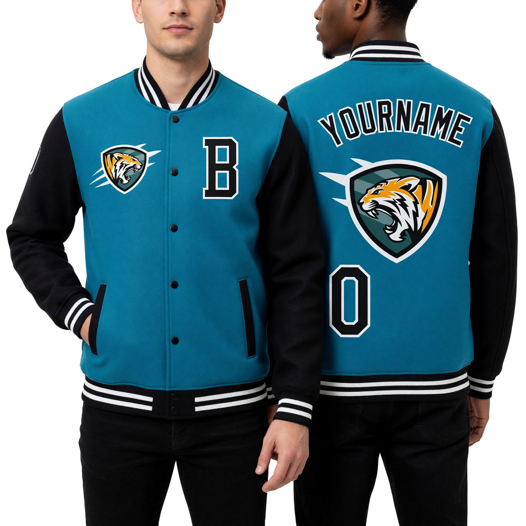Custom Panther Blue Black-White 3D Pattern Design Bomber Full-Snap Varsity Letterman Jacket worn front and back