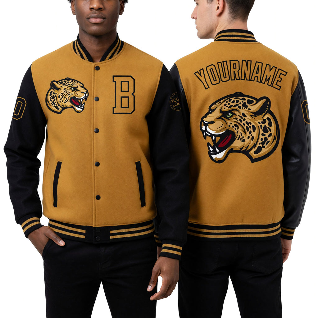 Custom Old Gold Black 3D Pattern Design Bomber Full-Snap Varsity Letterman Jacket worn front and back