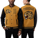 Custom Old Gold Black 3D Pattern Design Bomber Full-Snap Varsity Letterman Jacket worn front and back