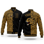 Custom Black Old Gold Leopard Print 3D Pattern Design Bomber Full-Snap Varsity Letterman Jacket