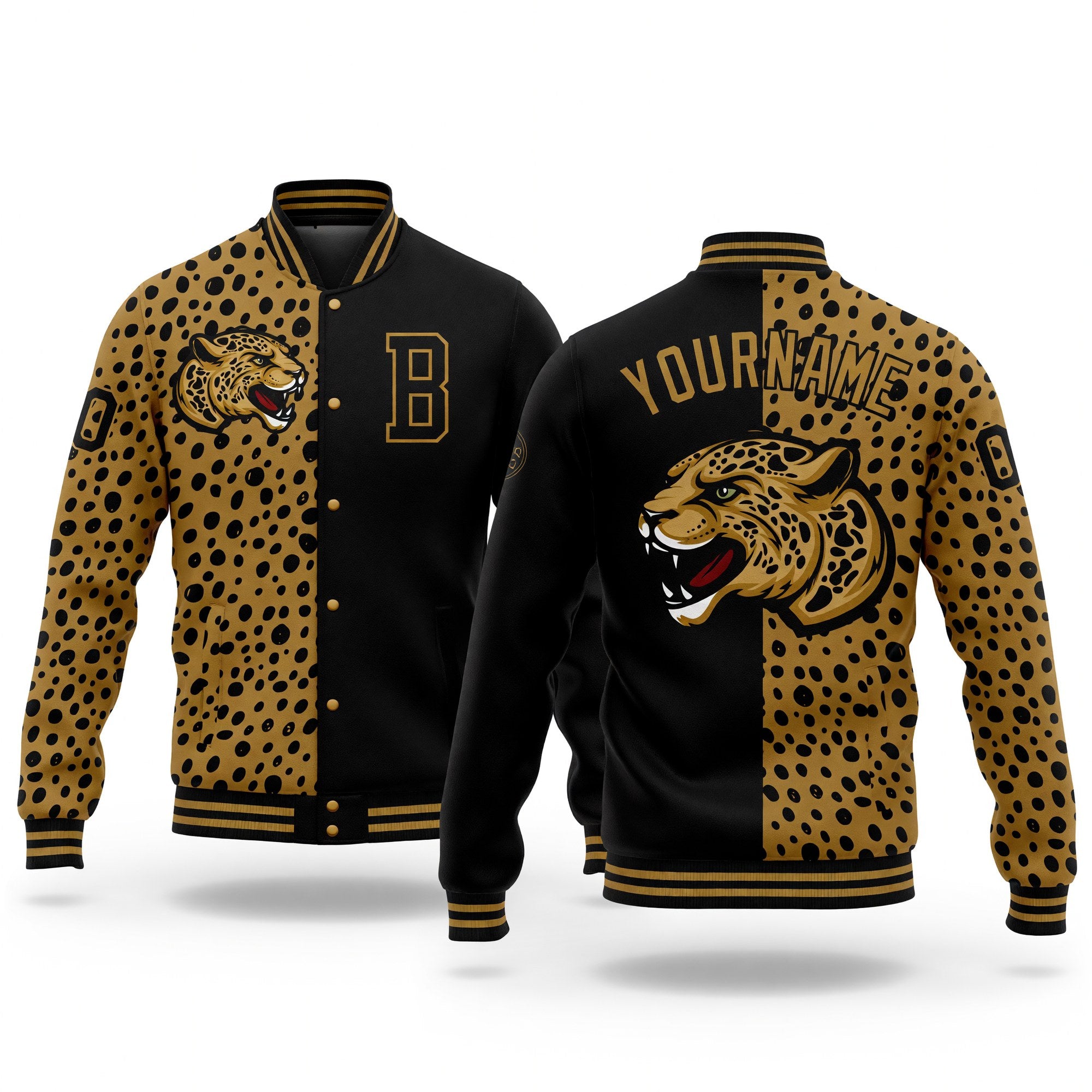 Custom Black Old Gold Leopard Print 3D Pattern Design Bomber Full-Snap Varsity Letterman Jacket