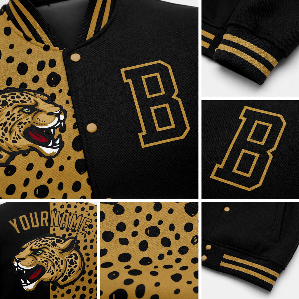 Custom Black Old Gold Leopard Print 3D Pattern Design Bomber Full-Snap Varsity Letterman Jacket detail