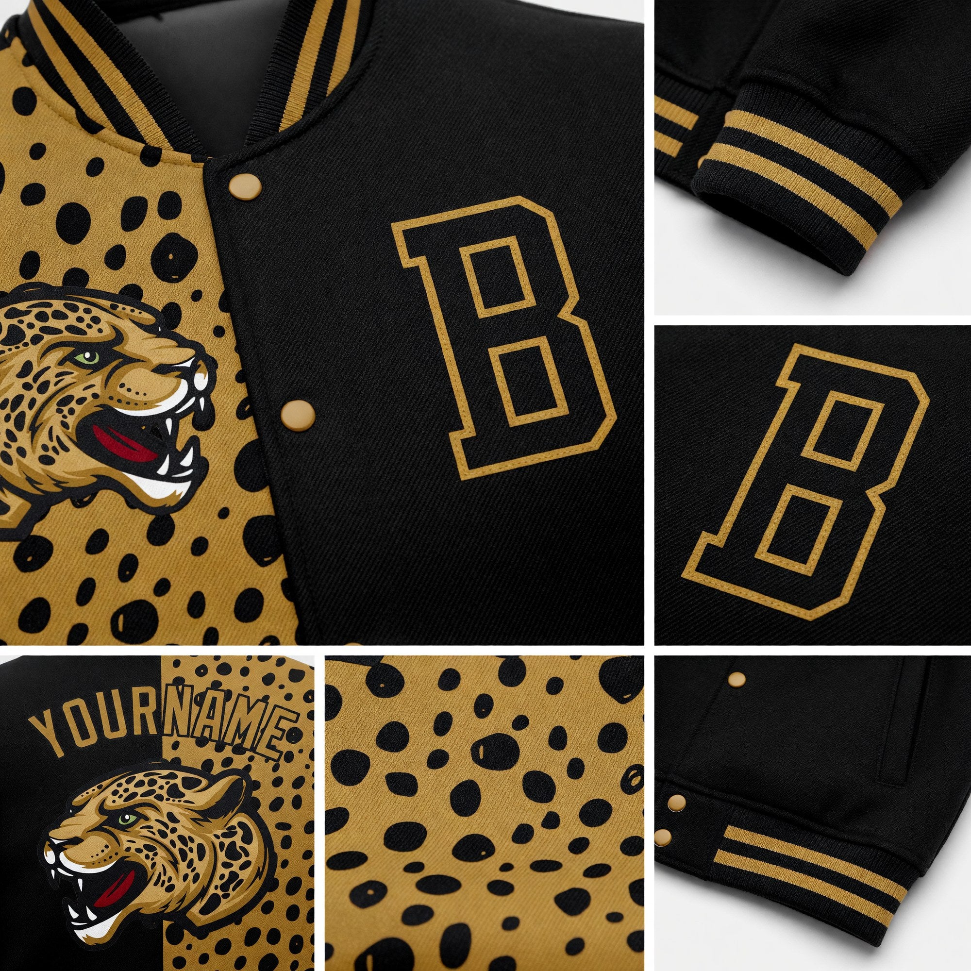 Custom Black Old Gold Leopard Print 3D Pattern Design Bomber Full-Snap Varsity Letterman Jacket detail