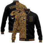 Custom Black Old Gold Leopard Print 3D Pattern Design Bomber Full-Snap Varsity Letterman Jacket photo 1