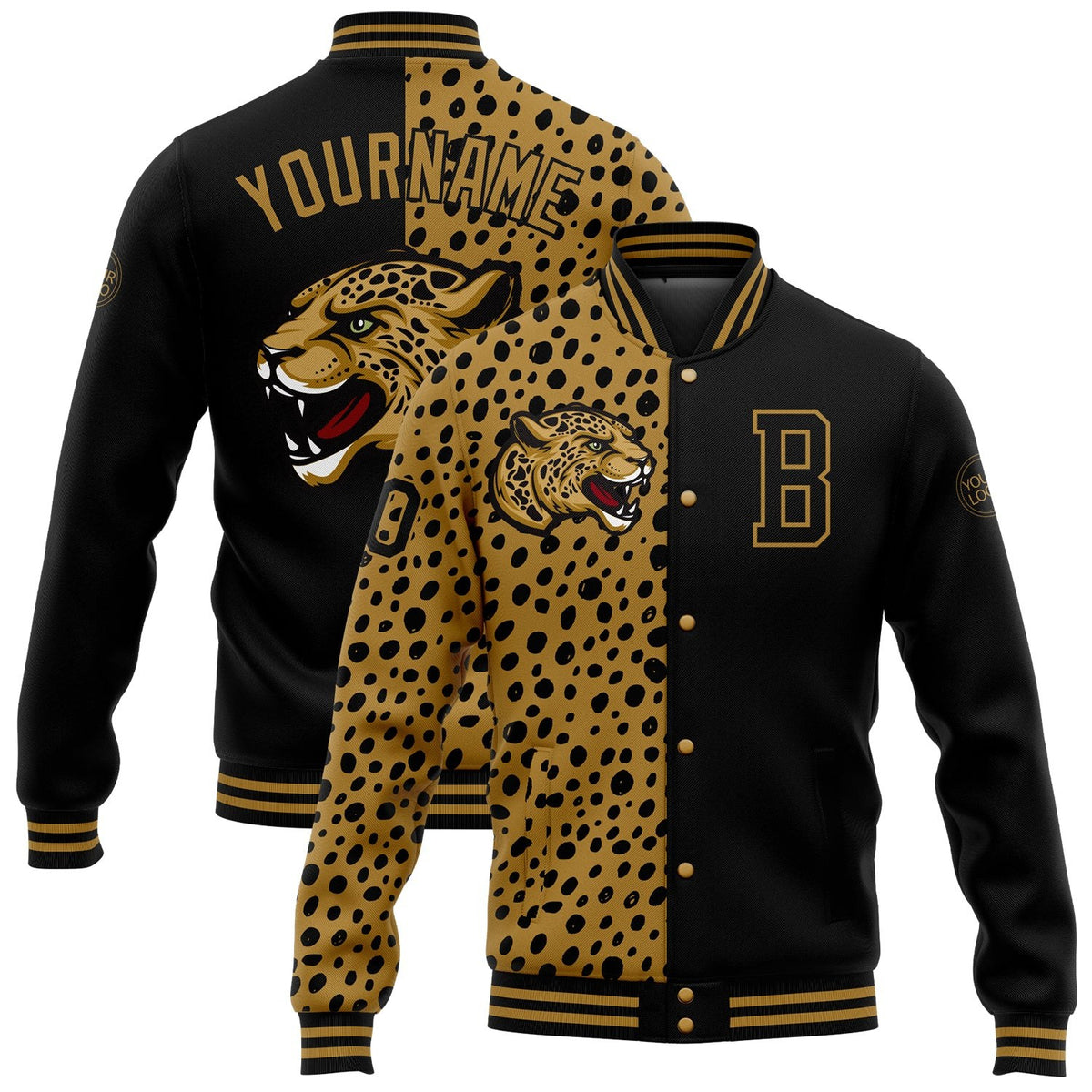 Custom Black Old Gold Leopard Print 3D Pattern Design Bomber Full-Snap Varsity Letterman Jacket photo 1