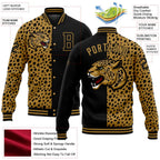 Custom Black Old Gold Leopard Print 3D Pattern Design Bomber Full-Snap Varsity Letterman Jacket photo 5