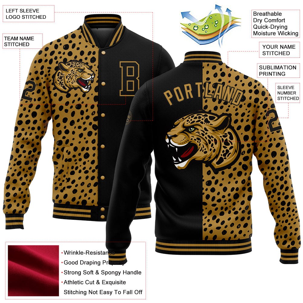 Custom Black Old Gold Leopard Print 3D Pattern Design Bomber Full-Snap Varsity Letterman Jacket photo 5