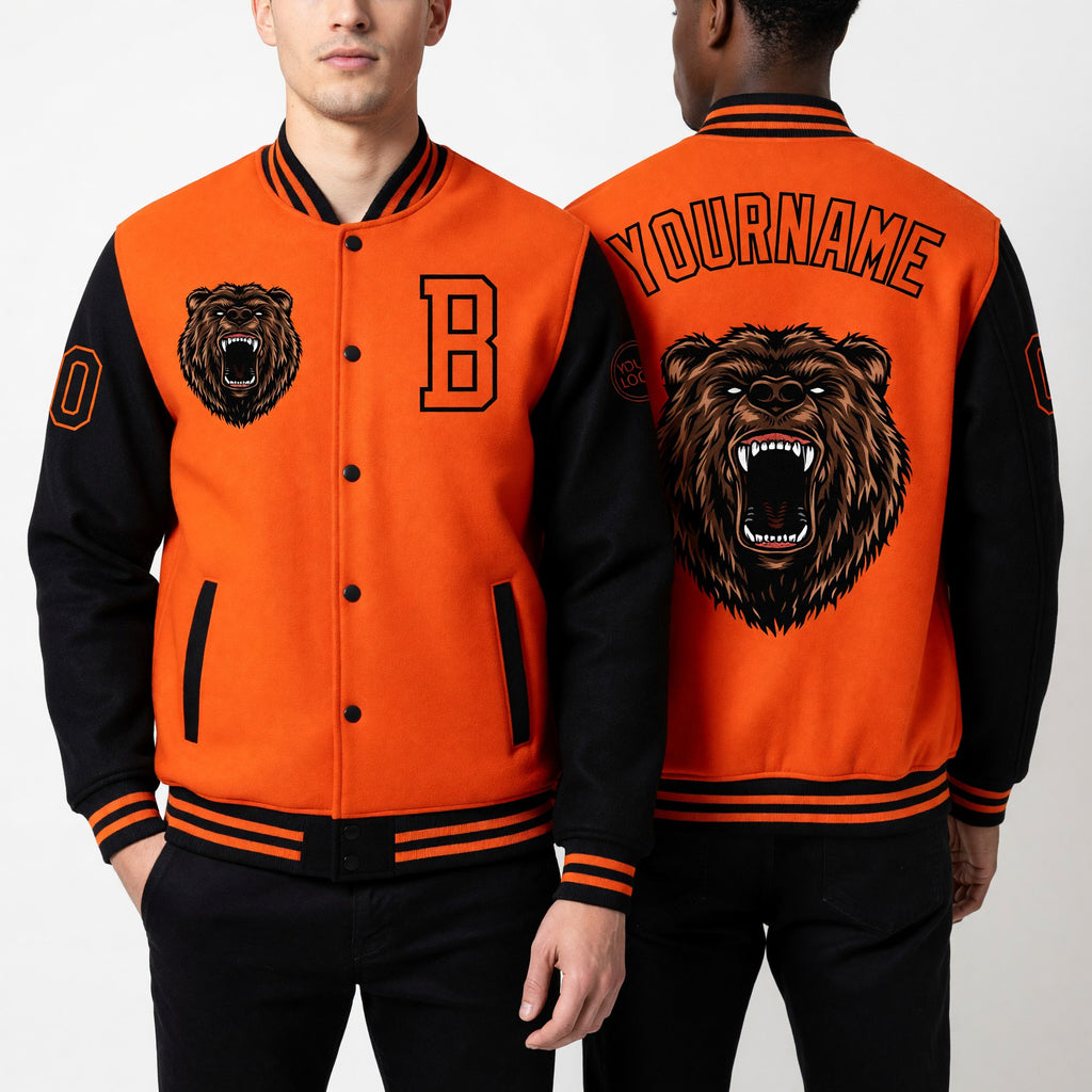Custom Orange Black 3D Pattern Design Bomber Full-Snap Varsity Letterman Jacket worn front and back