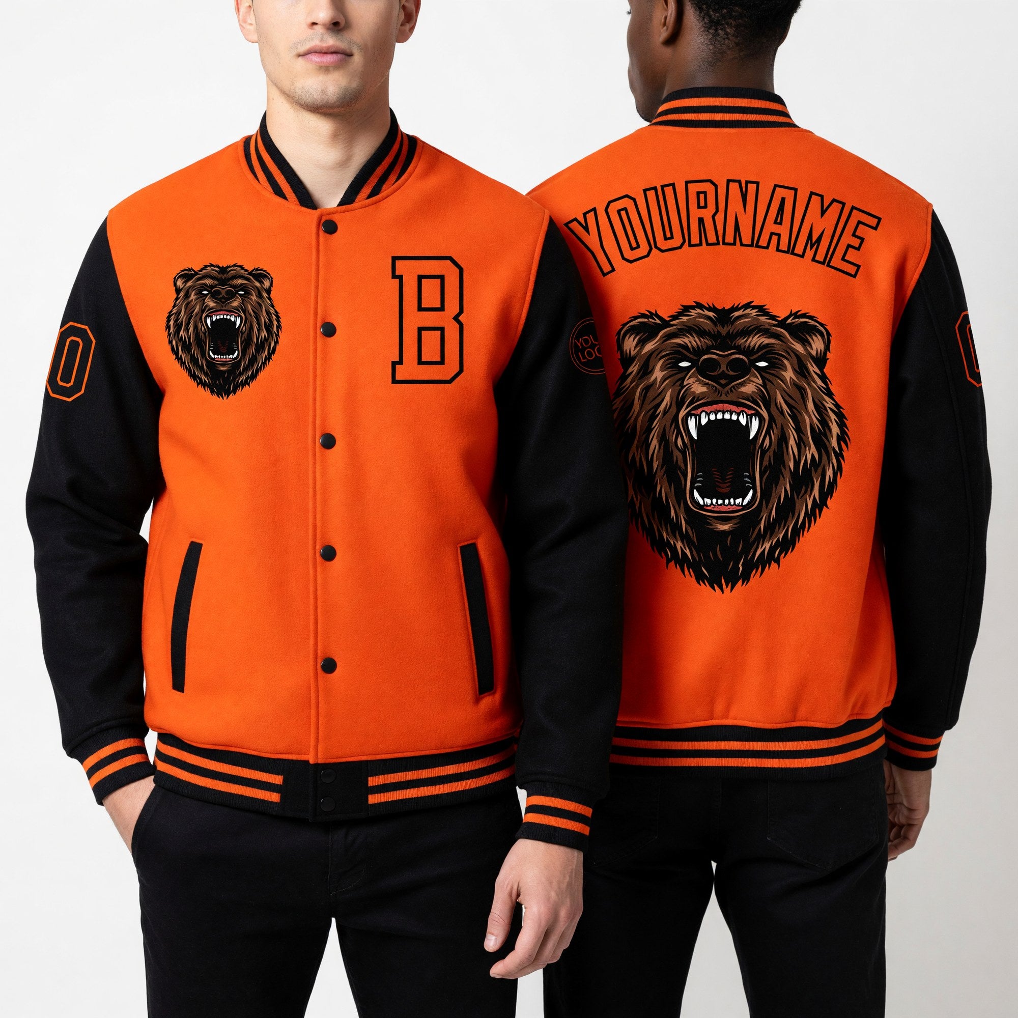 Custom Orange Black 3D Pattern Design Bomber Full-Snap Varsity Letterman Jacket worn front and back