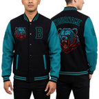 Custom Black Teal 3D Pattern Design Bomber Full-Snap Varsity Letterman Jacket worn front and back