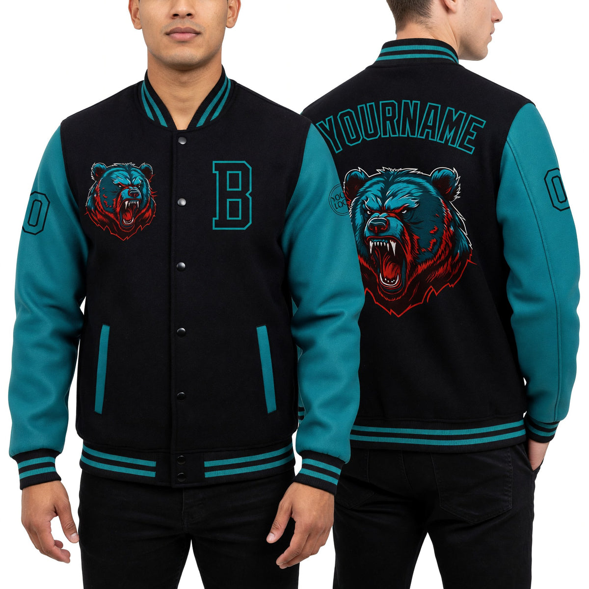 Custom Black Teal 3D Pattern Design Bomber Full-Snap Varsity Letterman Jacket worn front and back