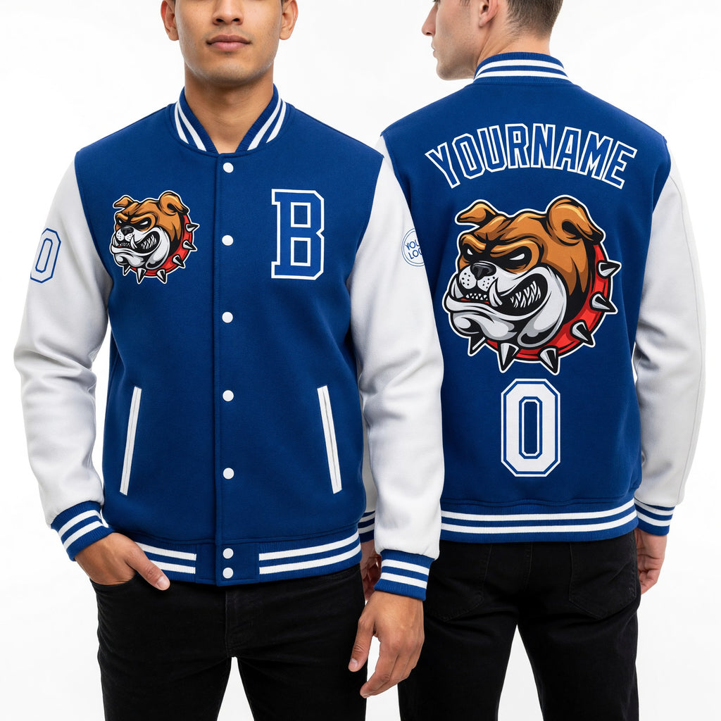 Custom Royal White 3D Pattern Design Bomber Full-Snap Varsity Letterman Jacket worn front and back