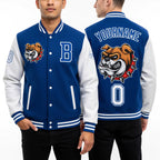 Custom Royal White 3D Pattern Design Bomber Full-Snap Varsity Letterman Jacket worn front and back