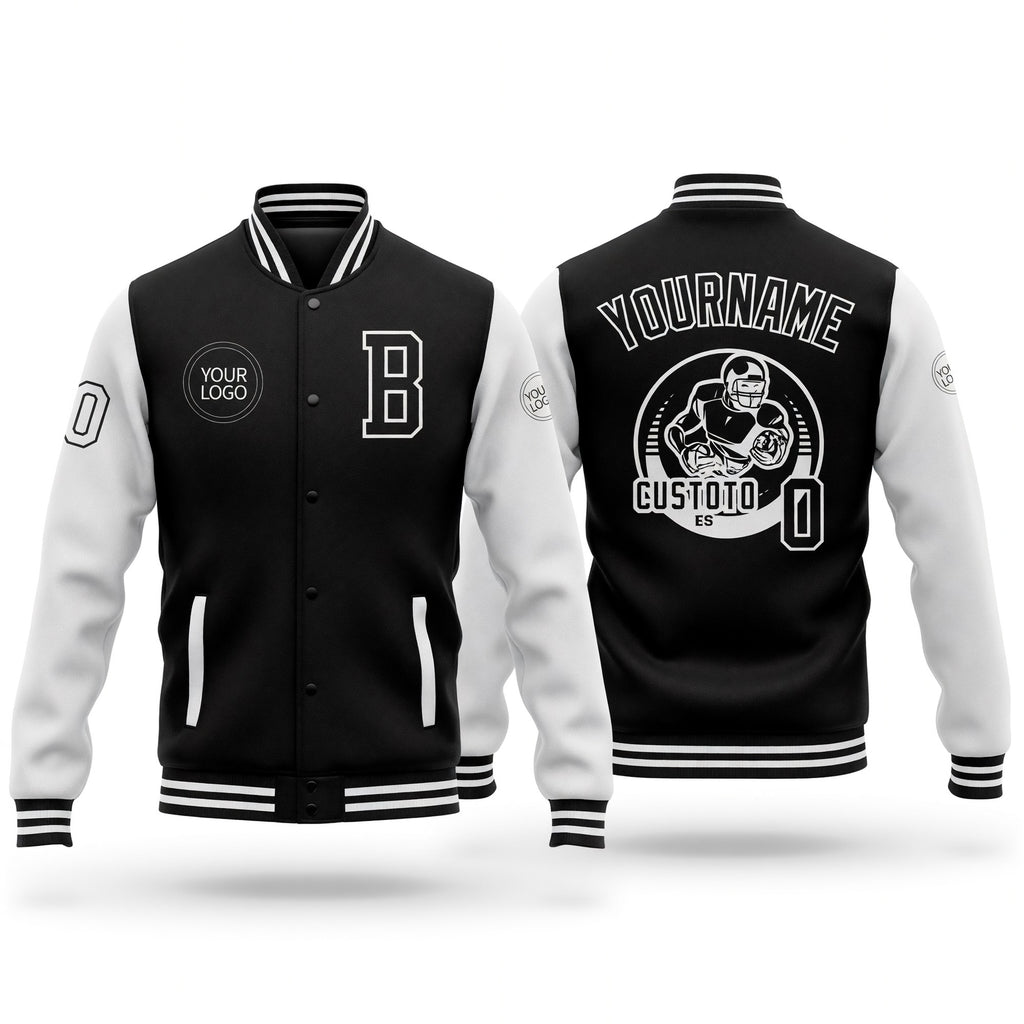 Custom Black White Bomber Full-Snap Varsity Letterman Two Tone Jacket