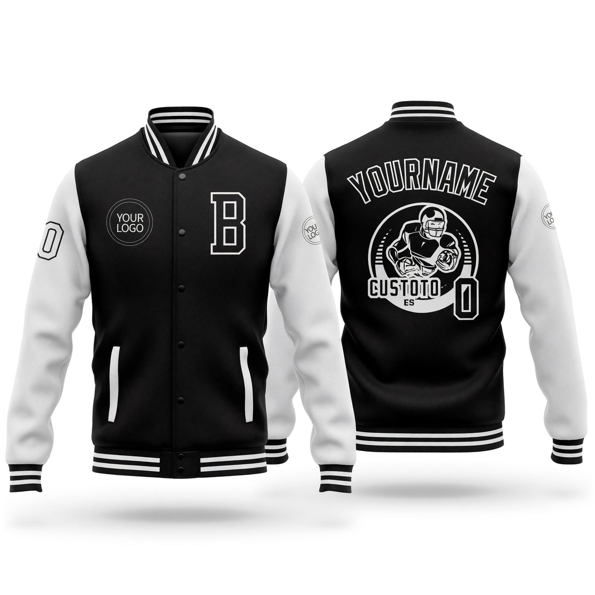 Custom Black White Bomber Full-Snap Varsity Letterman Two Tone Jacket