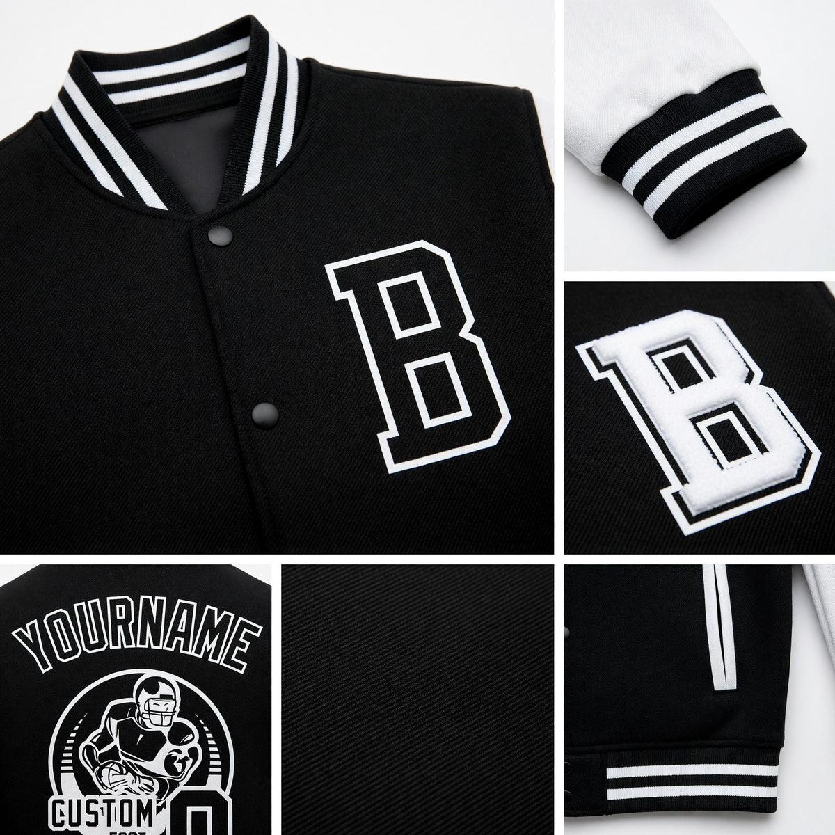 Custom Black White Bomber Full-Snap Varsity Letterman Two Tone Jacket detail
