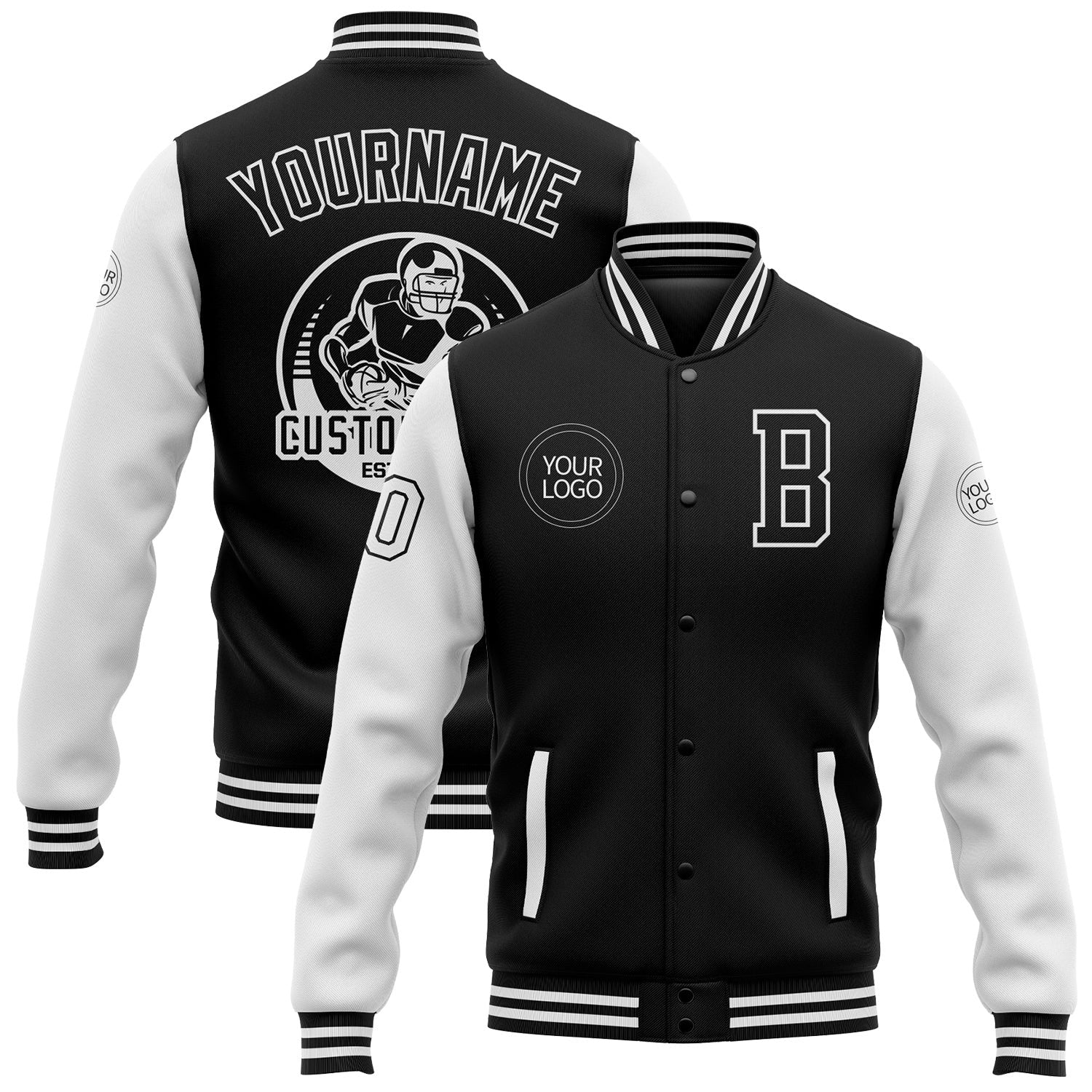Custom Black White Bomber Full-Snap Varsity Letterman Two Tone Jacket photo 1