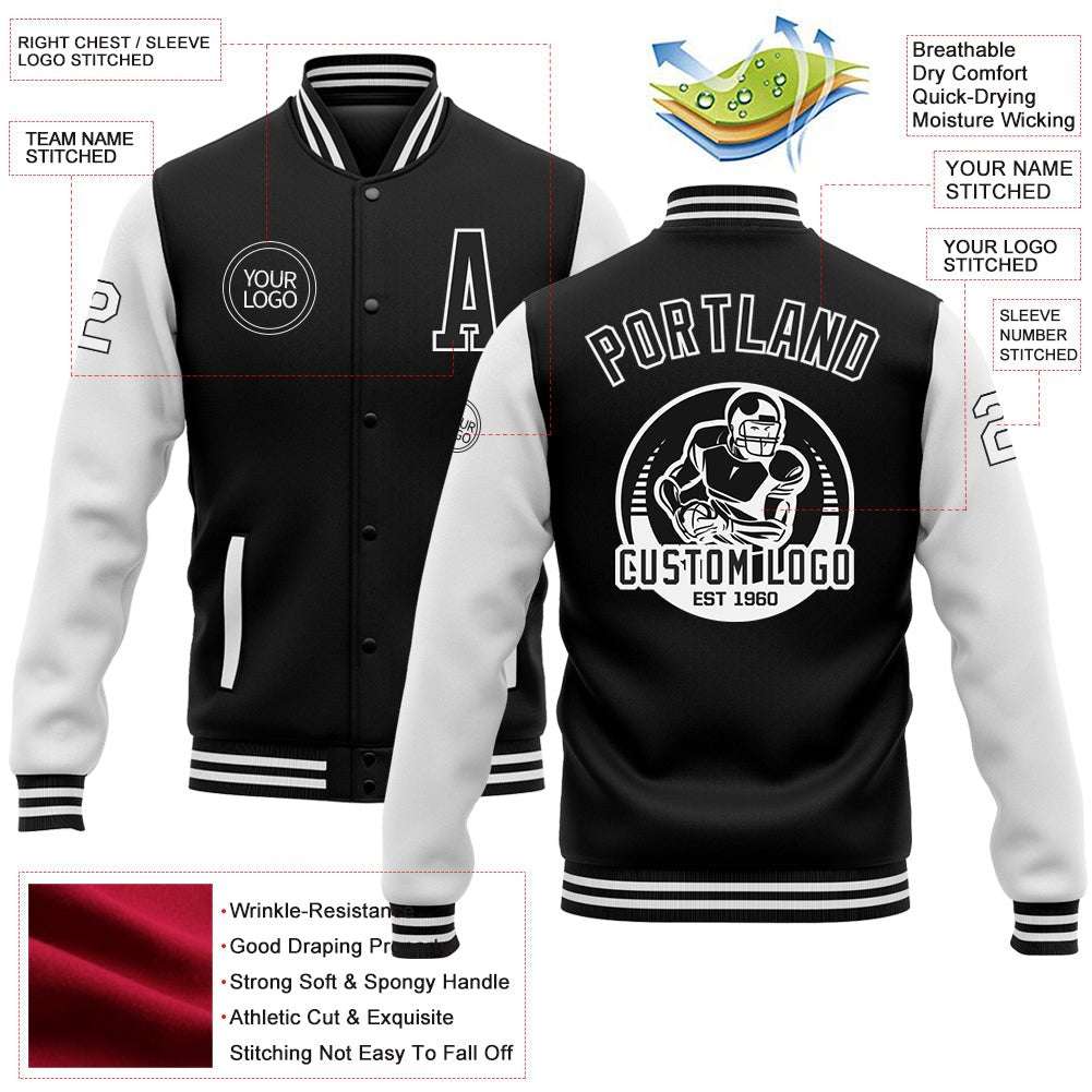 Custom Black White Bomber Full-Snap Varsity Letterman Two Tone Jacket photo 5