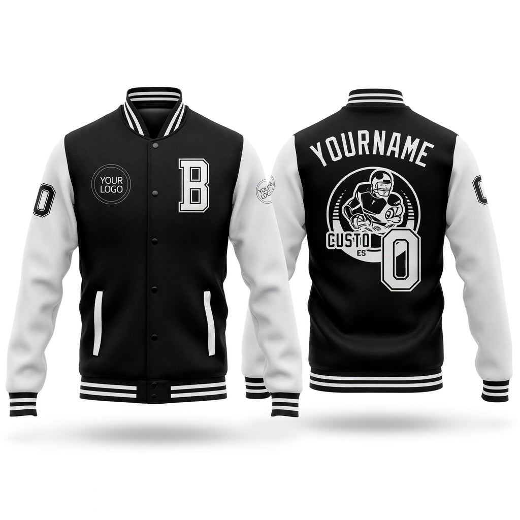 Custom Black White Bomber Full-Snap Varsity Letterman Two Tone Jacket