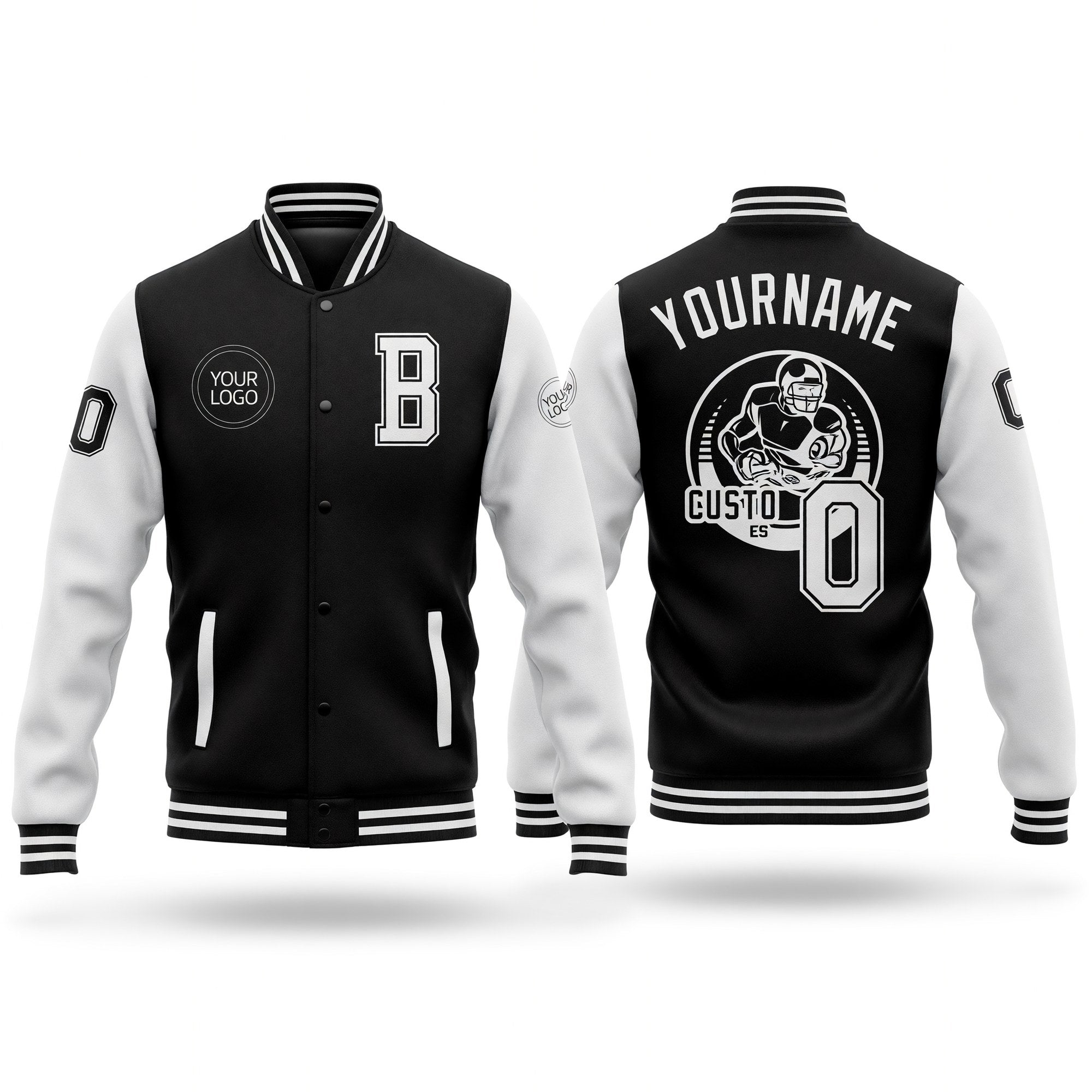 Custom Black White Bomber Full-Snap Varsity Letterman Two Tone Jacket
