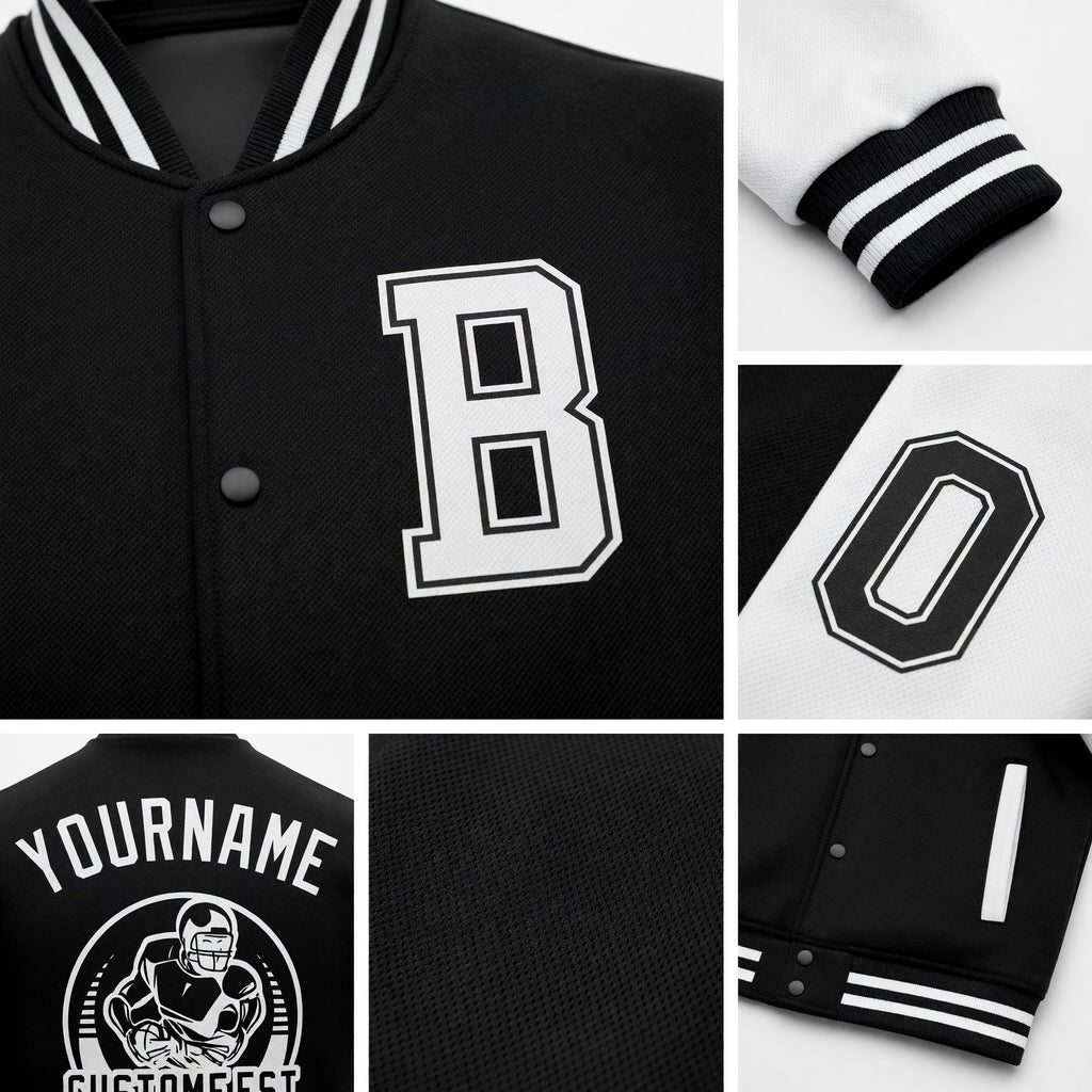 Custom Black White Bomber Full-Snap Varsity Letterman Two Tone Jacket detail
