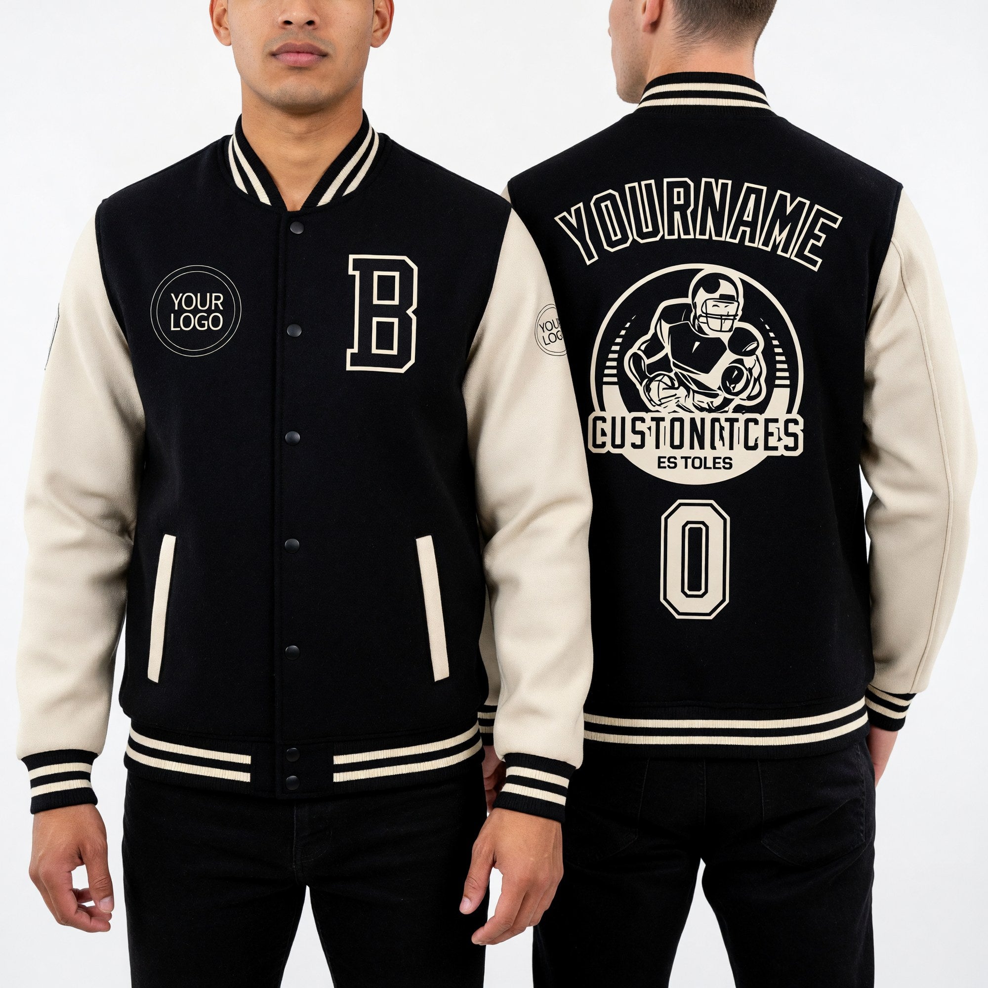 Custom Black Cream Bomber Full-Snap Varsity Letterman Two Tone Jacket worn front and back