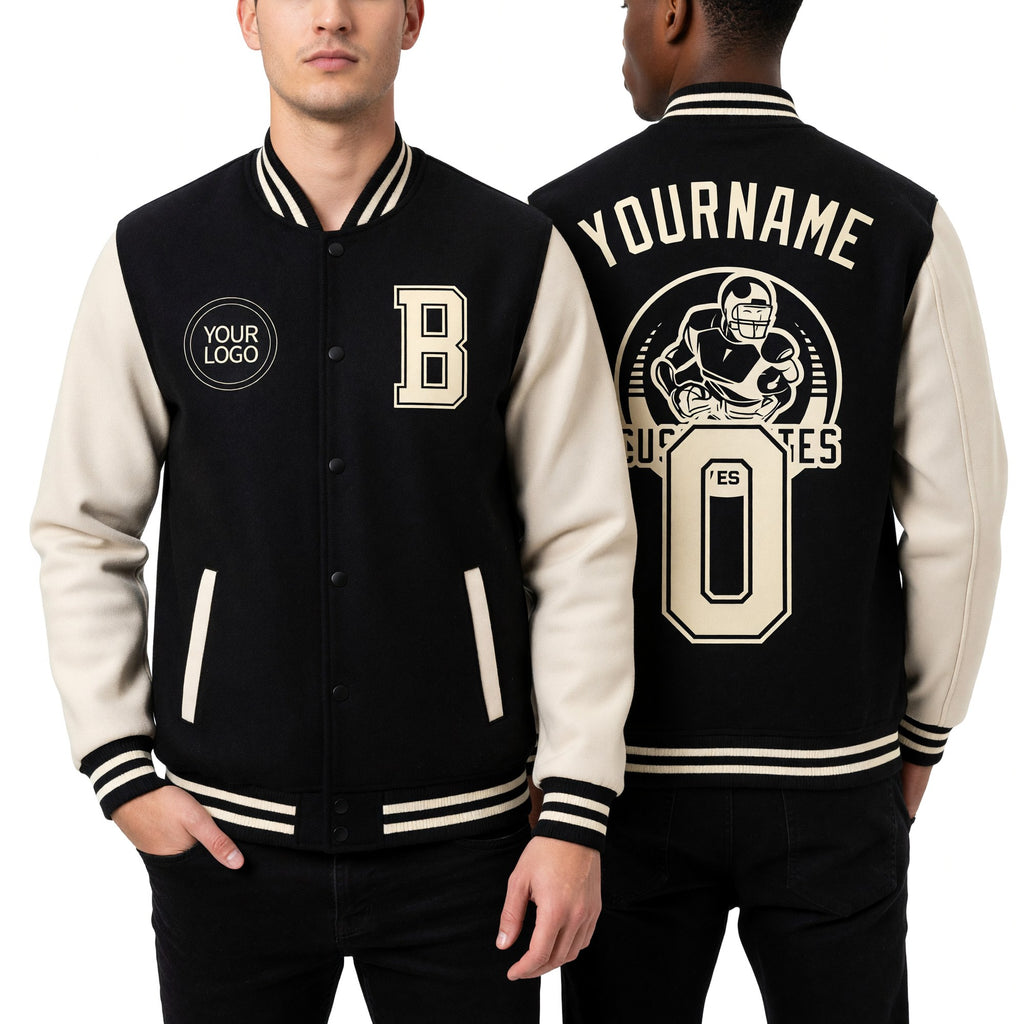 Custom Black Cream Bomber Full-Snap Varsity Letterman Two Tone Jacket worn front and back