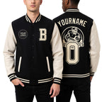 Custom Black Cream Bomber Full-Snap Varsity Letterman Two Tone Jacket worn front and back