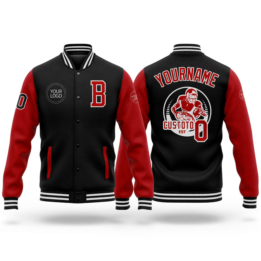Custom Black Red-White Bomber Full-Snap Varsity Letterman Two Tone Jacket