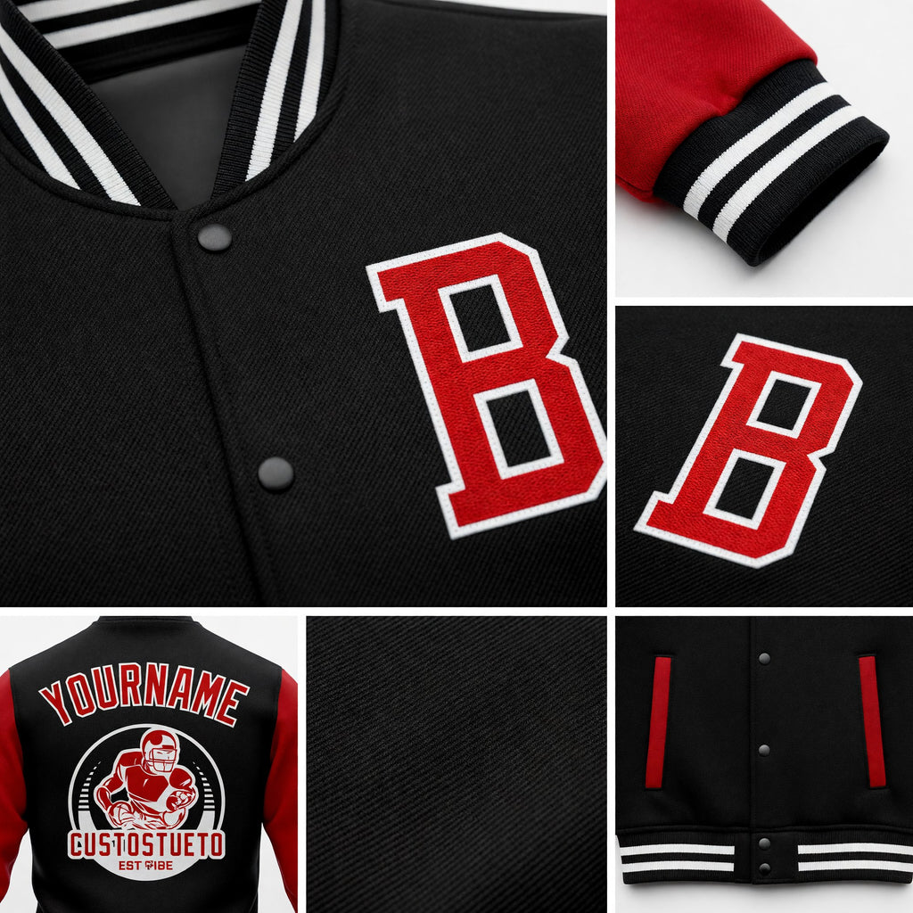 Custom Black Red-White Bomber Full-Snap Varsity Letterman Two Tone Jacket detail