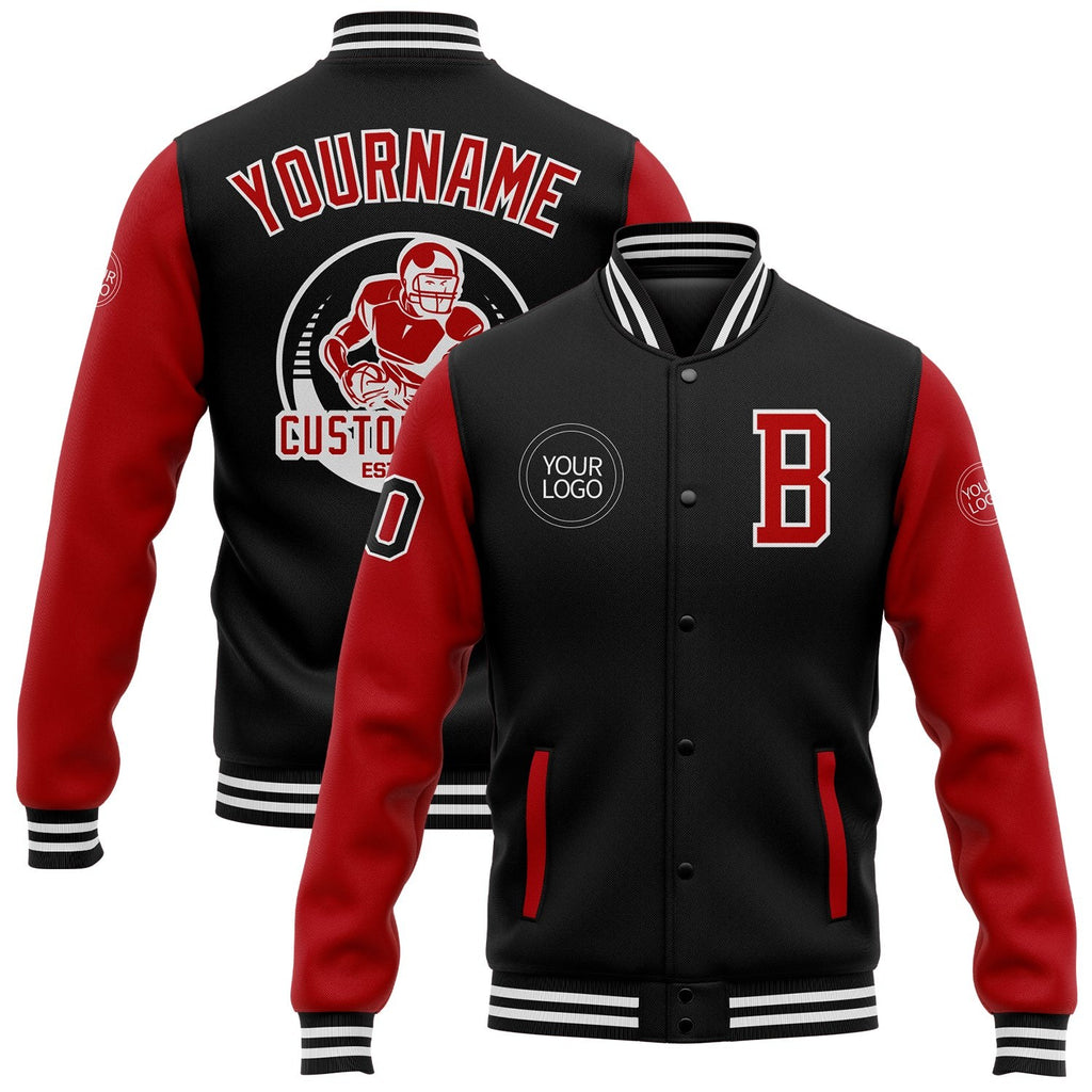 Custom Black Red-White Bomber Full-Snap Varsity Letterman Two Tone Jacket photo 1