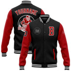 Custom Black Red-White Bomber Full-Snap Varsity Letterman Two Tone Jacket photo 1