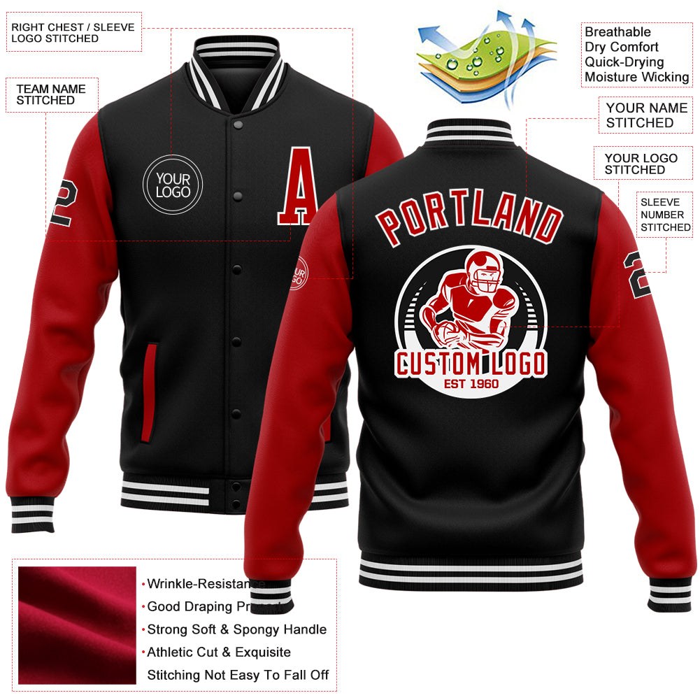 Custom Black Red-White Bomber Full-Snap Varsity Letterman Two Tone Jacket photo 5