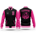 Custom Black Pink-White Bomber Full-Snap Varsity Letterman Two Tone Jacket