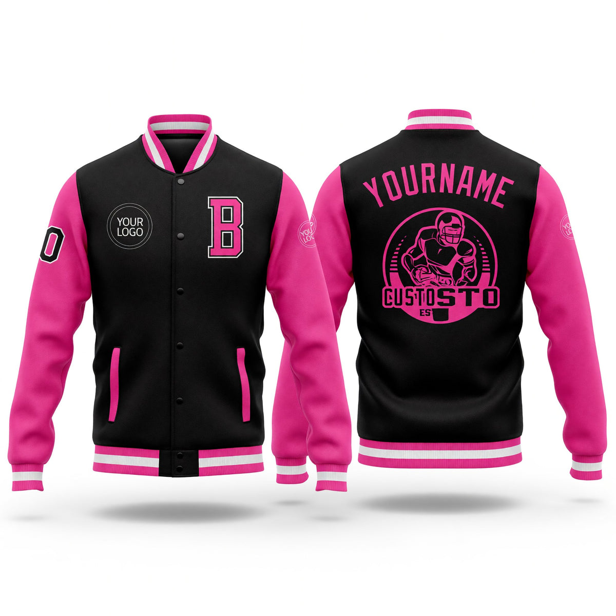 Custom Black Pink-White Bomber Full-Snap Varsity Letterman Two Tone Jacket