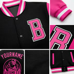 Custom Black Pink-White Bomber Full-Snap Varsity Letterman Two Tone Jacket detail