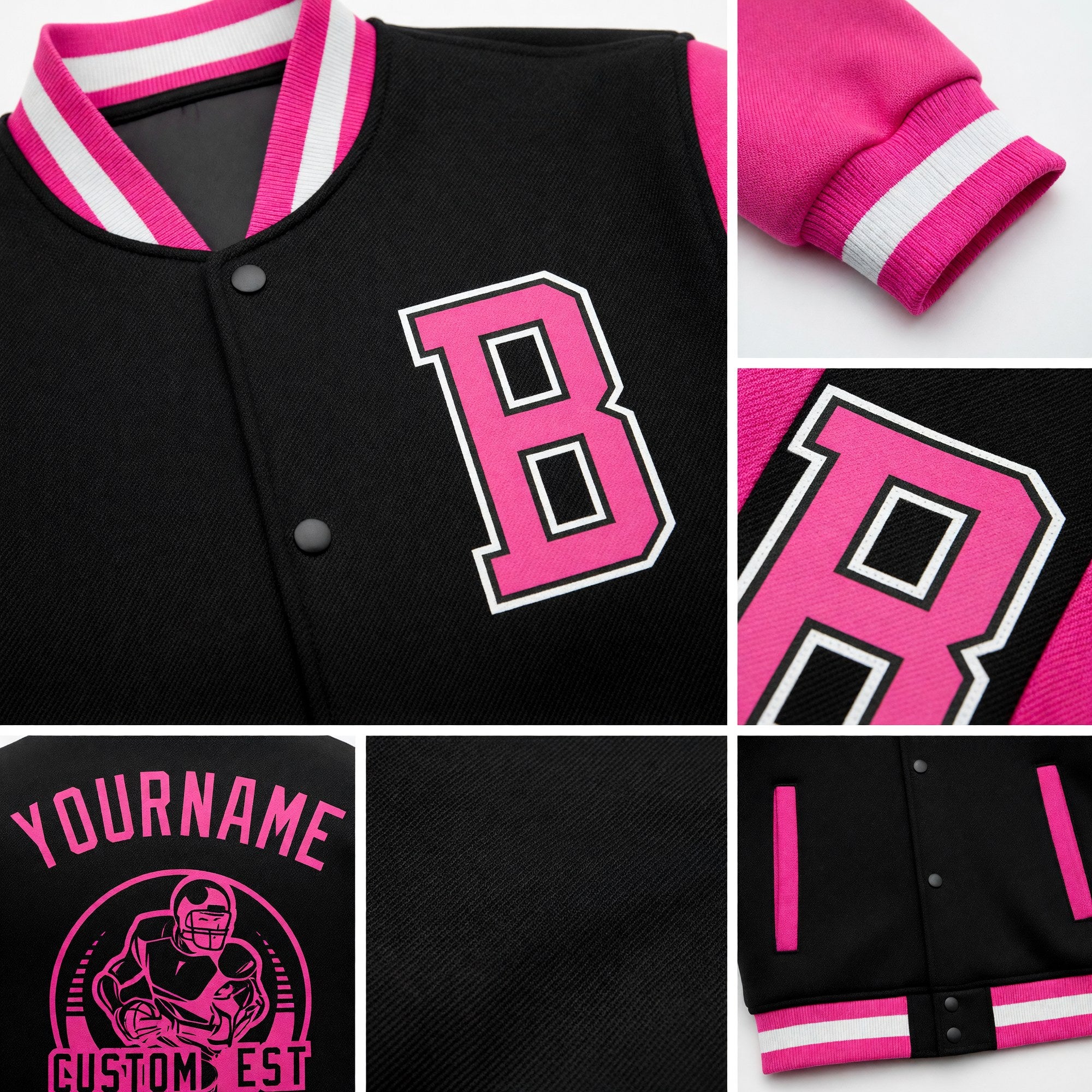 Custom Black Pink-White Bomber Full-Snap Varsity Letterman Two Tone Jacket detail