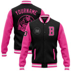 Custom Black Pink-White Bomber Full-Snap Varsity Letterman Two Tone Jacket photo 1