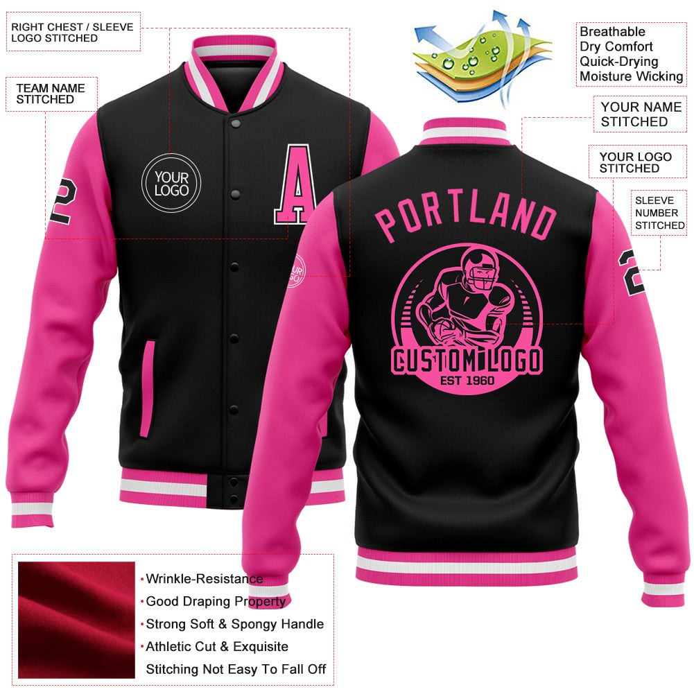 Custom Black Pink-White Bomber Full-Snap Varsity Letterman Two Tone Jacket photo 5